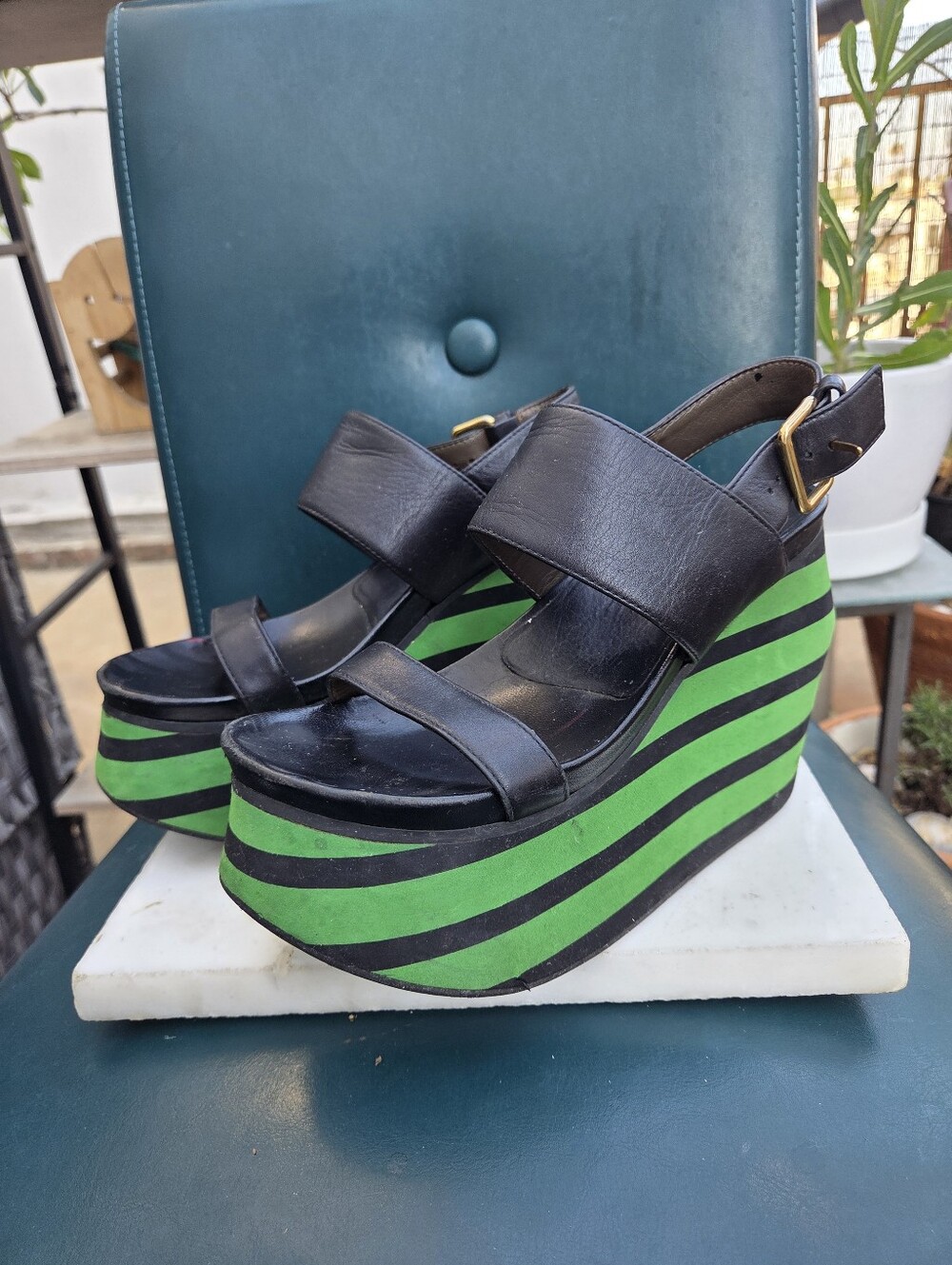 Marni Black Leather Platform Wedge Sandals with Green Striped Sole. Runs Big.